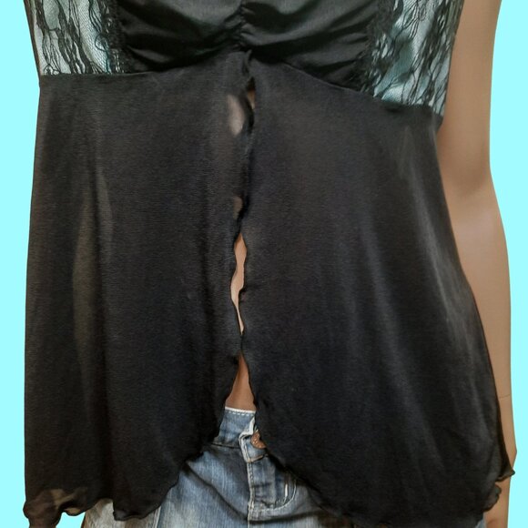 Y2K Coquette Babydoll Lingerie Top XL Split Front Blue Black Lace Camisole - Picture 2 of 12